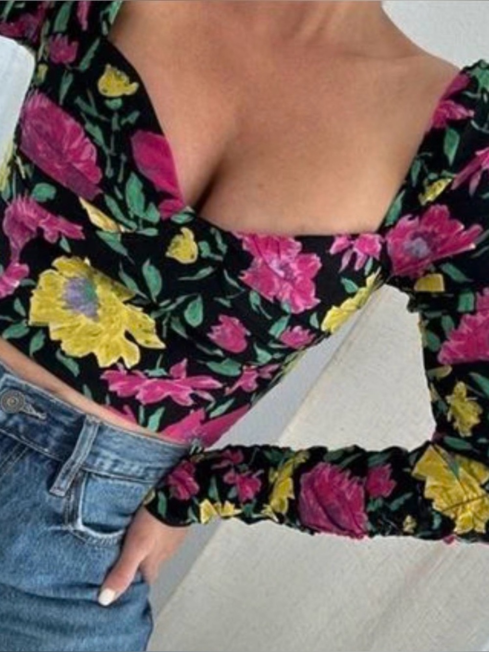 Zara Black Floral Sweetheart Crop Top with Magenta & Yellow Flowers